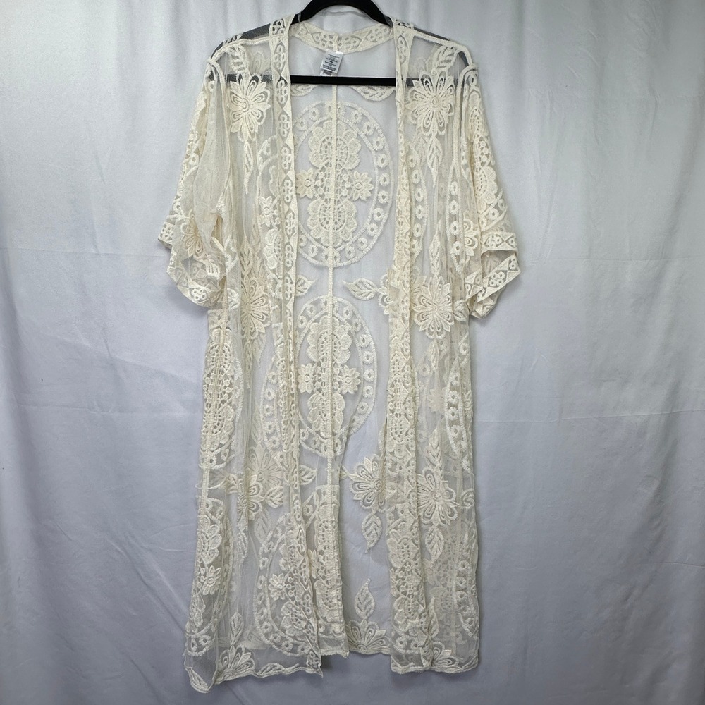 Time and Tru Lace Kimono Cream New Floral Embroidered Sheer Maxi Cardigan Boho